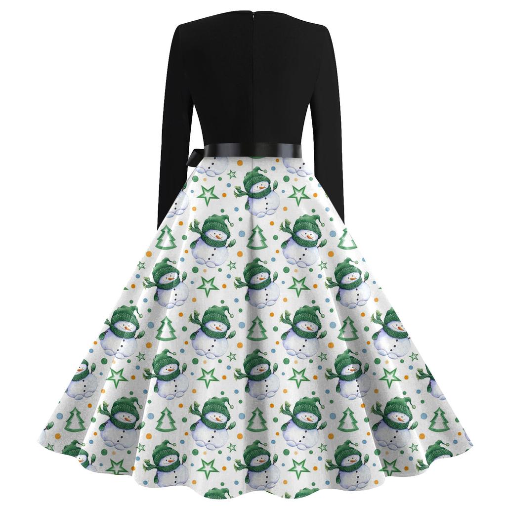 Женское повседневное модное платье с V-образным вырезом и длинными рукавами в стиле ретро с рождественским принтом в стиле ретро, осень