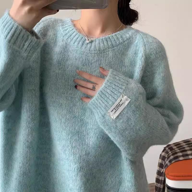 Women Drop Shoulder Crewneck Fuzzy Knit Sweater Long Sleeve Casual Solid Knitted Chunky Sweater Jumper