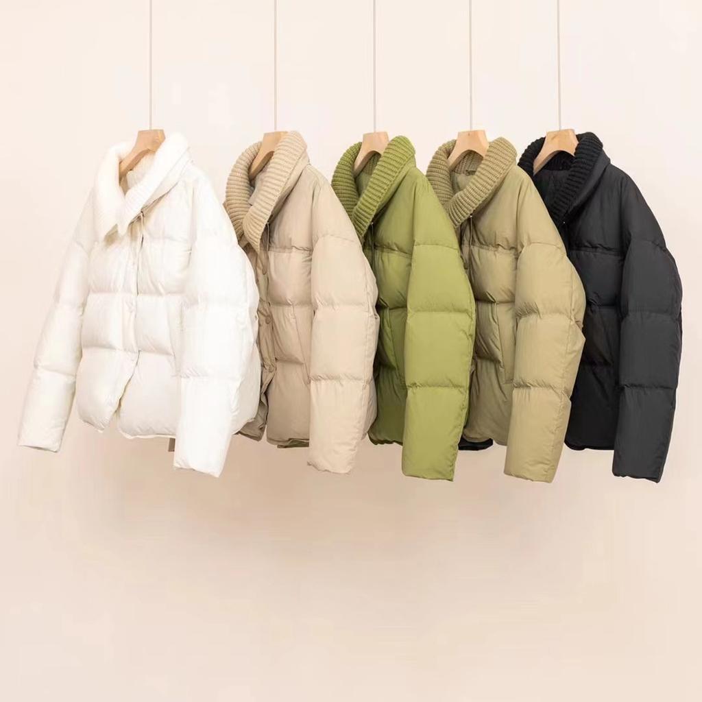 Короткий пуховик с трикотажным лацканом, женский, зима 2024, новый свободный повседневный утолщенный белый пуховик на утином пуху прилив