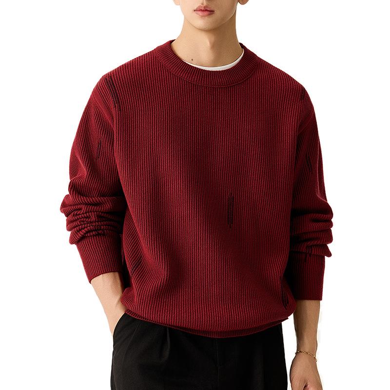 Men's High-End Round Neck Knit Sweater - Black & Red, Warm Autumn/Winter Inner Wear, In Stock with Tags