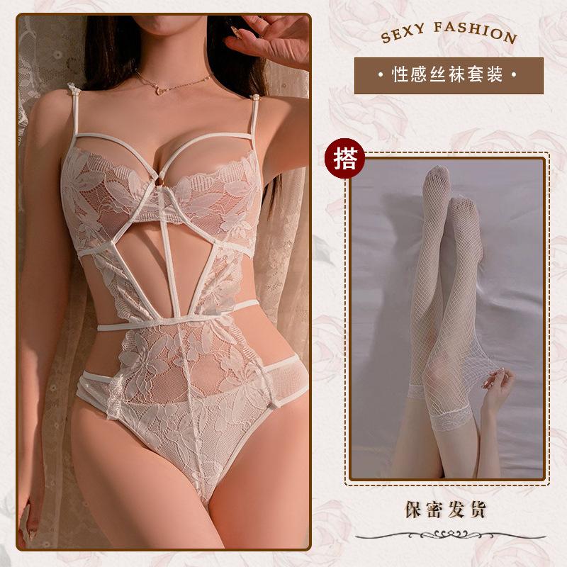 Hollow and thin sexy underwear sexy onesie temptation strap perspective lace free purple n