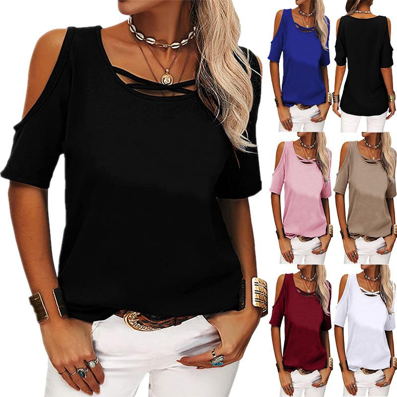 2026 Spring/Summer Wish Women's Fashion Casual Solid Color Off-Shoulder Loose Short-Sleeve T-Shirt