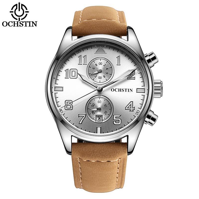 Multifunctional Chronograph Men Watch Luminous Hands Calendar Display Leather Strap Analog Quartz Wrist Watches