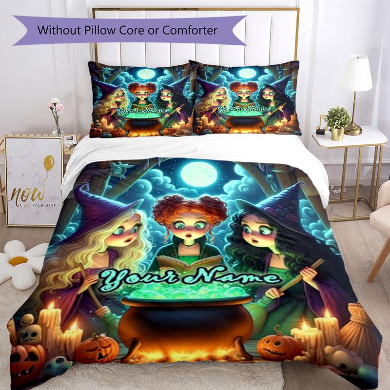 3pcs Custom Name Witches' Night Brew Bedding Set Printed Bedding Set Duvet Cover Closure Includes 1 Duvet Cover & 2 Pillowcases Bedroom Decor