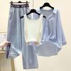 Plus Size Summer Women's Clothing Outfit Ladies Casual Loose Shirt Vest Wide Leg Denim Pants 3 Piece Sets Fashion Letter Jeans Blouse