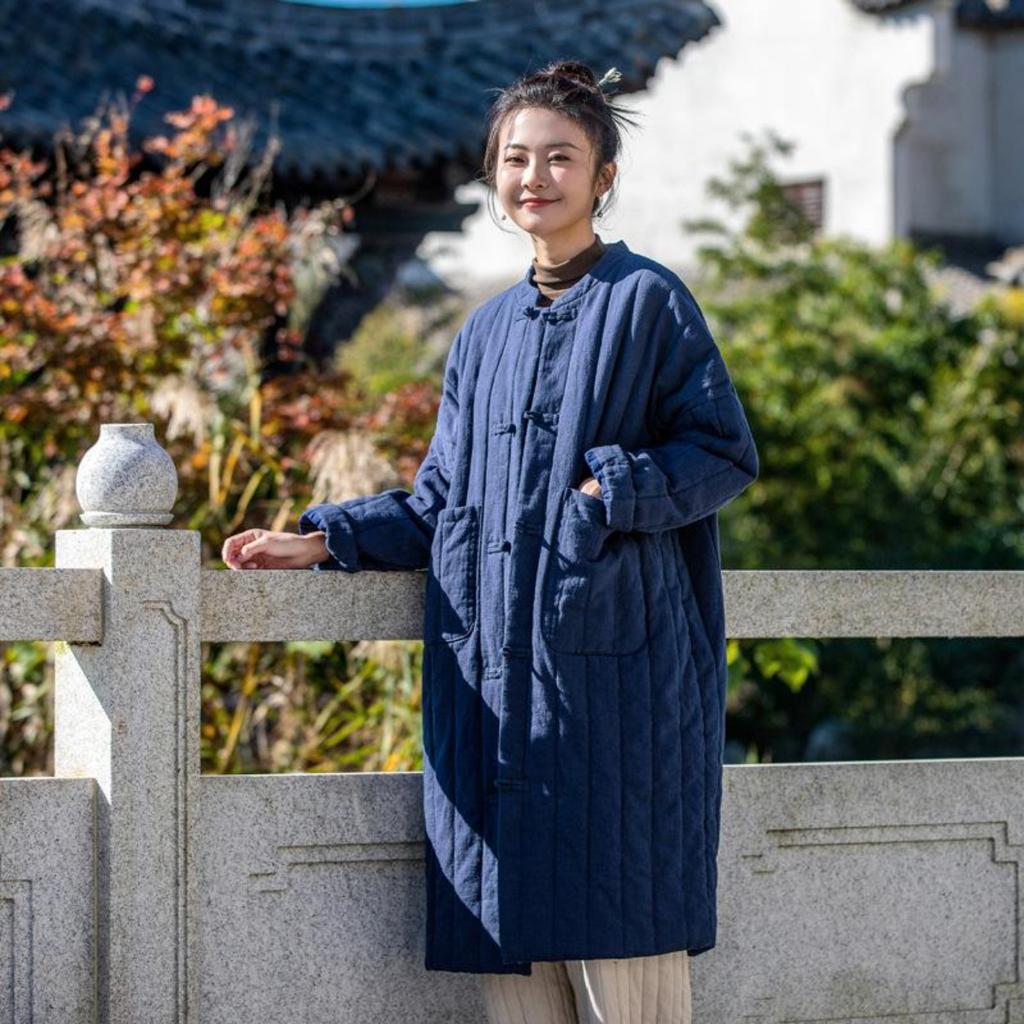 Women Vintage Linen Stand Parkas Solid Color Long Sleeve Warm Coats Button Patchwork Pockets Winter Parkas