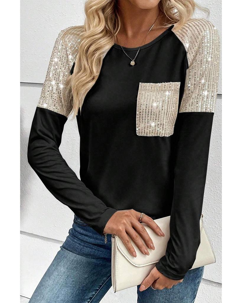 Azura Exchange Черный топ с накладными пайетками и нагрудным карманом с рукавами реглан