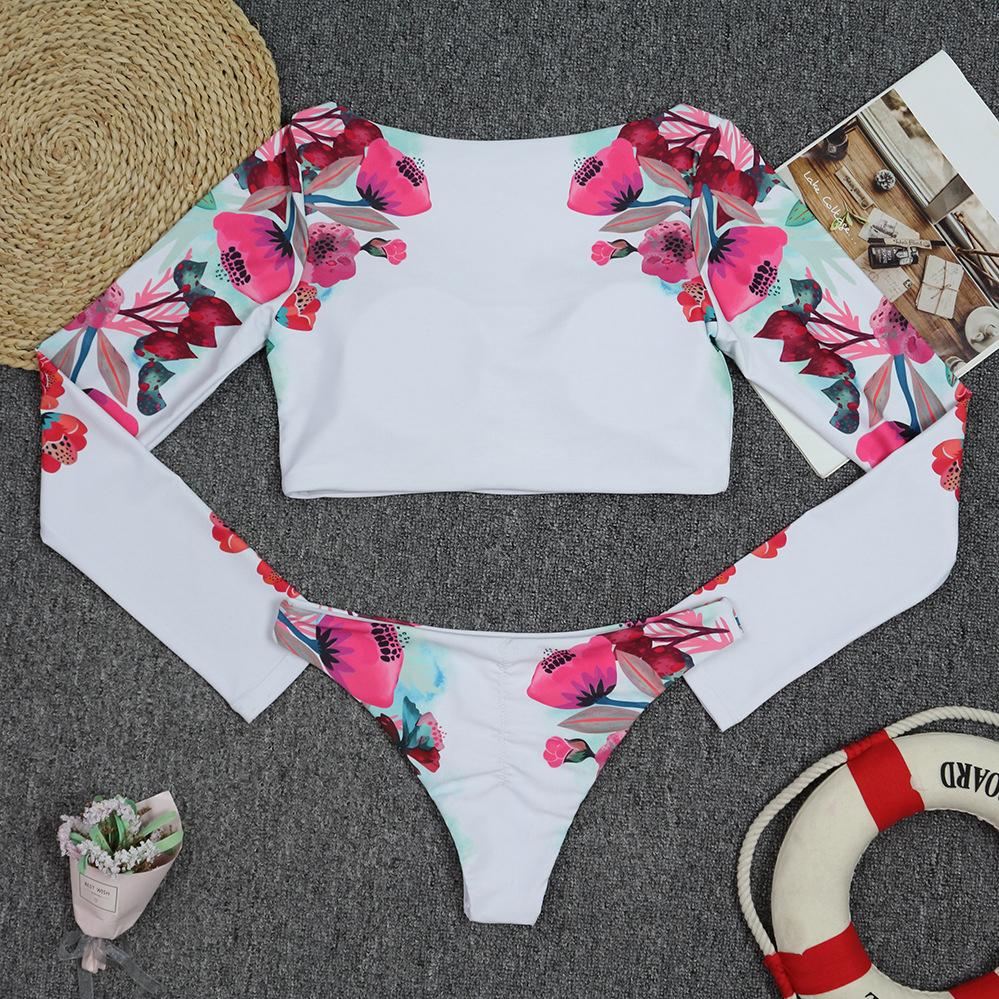 New Sexy Women Swimsuit Women Swimwear Bikini Set Long Sleeves White Printed Female Bathing Suit Swim Wear Beach Clothing