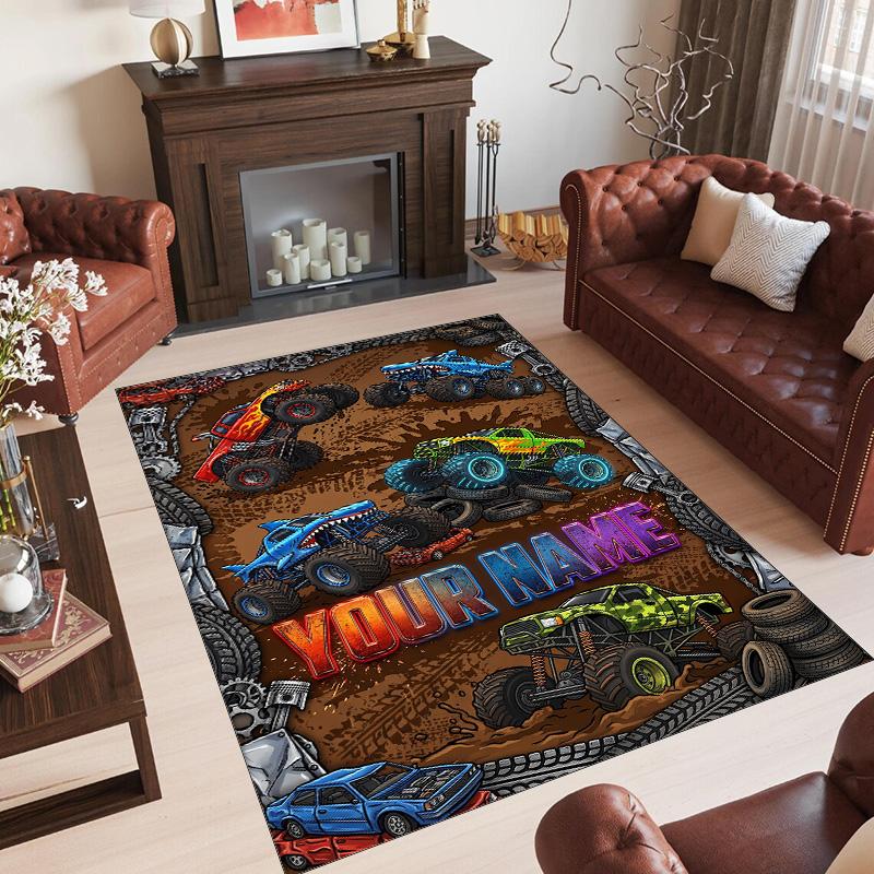 Monster Truck Theme Crystal Velvet Rug Personalized Custom Name Text Soft Floor Mat Home Decor