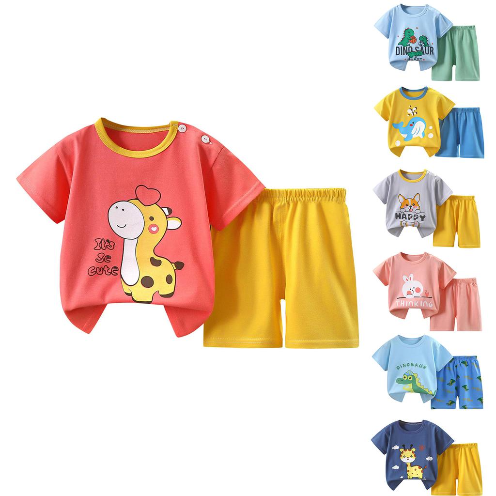 Короткие комплекты для мальчиков и девочек, милый динозавр с цветочным принтом, топы с короткими рукавами, короткие штаны с круглым вырезом, комплекты из двух предметов, одежда для детей