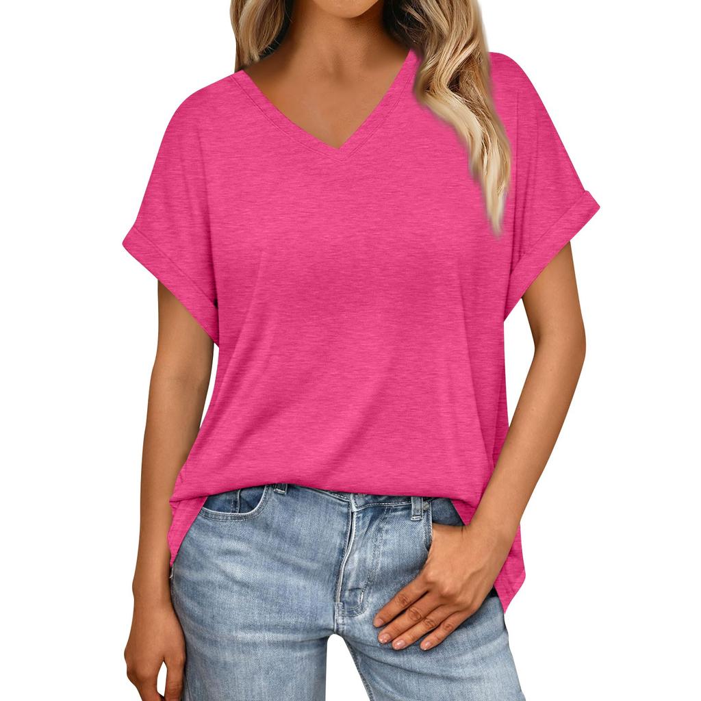 Women's Summer Fashion Solid Color V-Neck Loose Short Sleeve T-Shirt Top