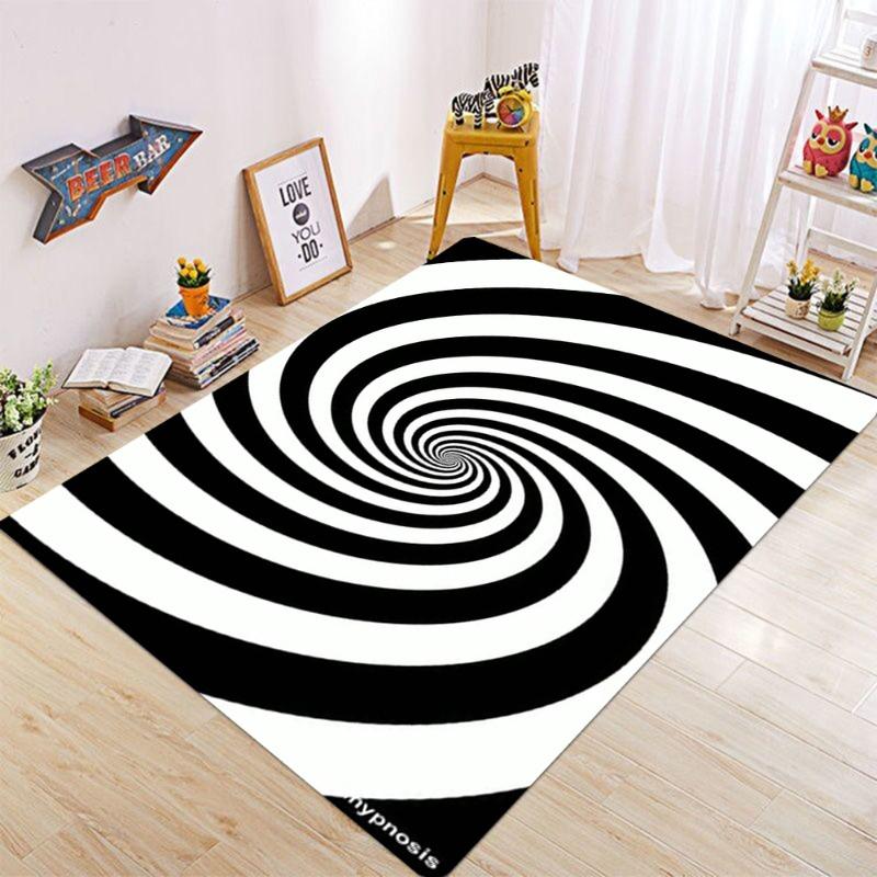 Black and White Intersecting Lines Optical Illusion Carpet Trap Area Anti Slip Square Living Room Short Plush Vortex Carpet