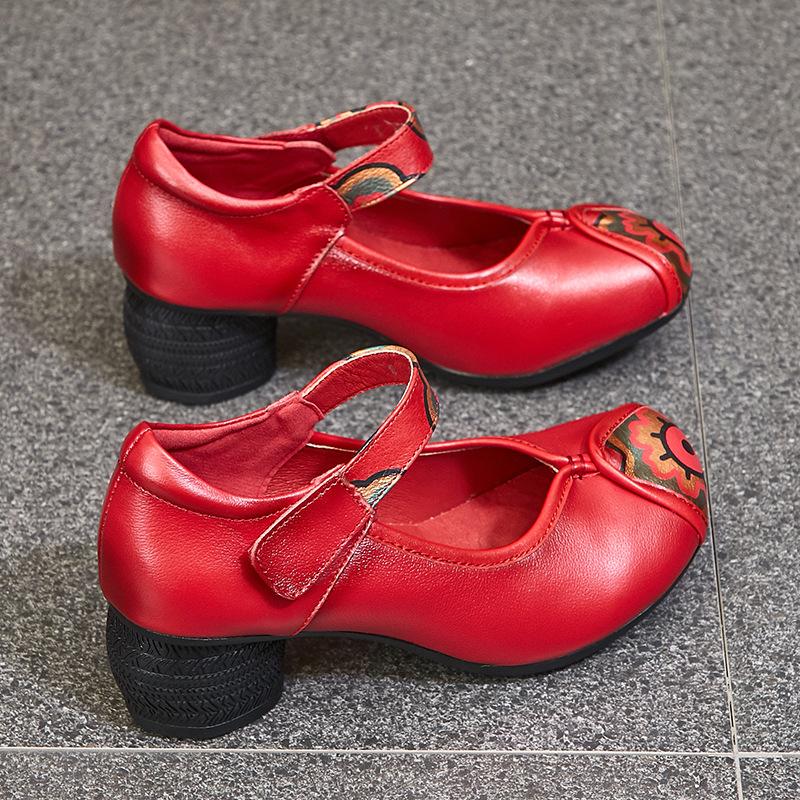 Shoes Women's Shoes Cowhide Chunky Heel Soft Bottom Non-slip Leather Shoes Ethnic Single Shoes
