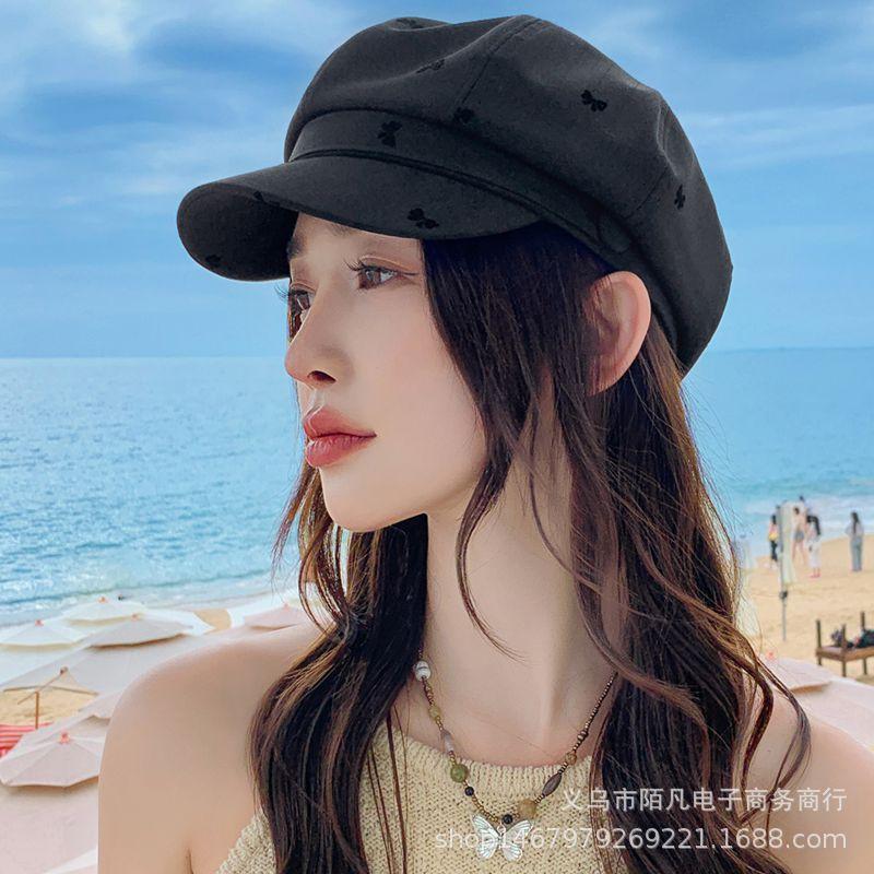 Early spring temperament octagonal hat women's fashion butterfly print cap showing face small newsboy painter hat