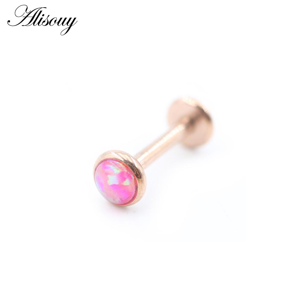 Alisouy 1PC Stainless Steel Opal Stone Labret Lip Tongue Rings Ear Tragus Helix Cartilage Stud Earrings Piercing Body Jewelry