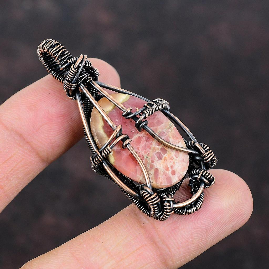 Rhodochrosite Pendant Copper Wire Wrapped Pendant Genuine Gemstone Pendant Handmade Rhodochrosite Jewelry Anniversary Gift Stylish Pendants