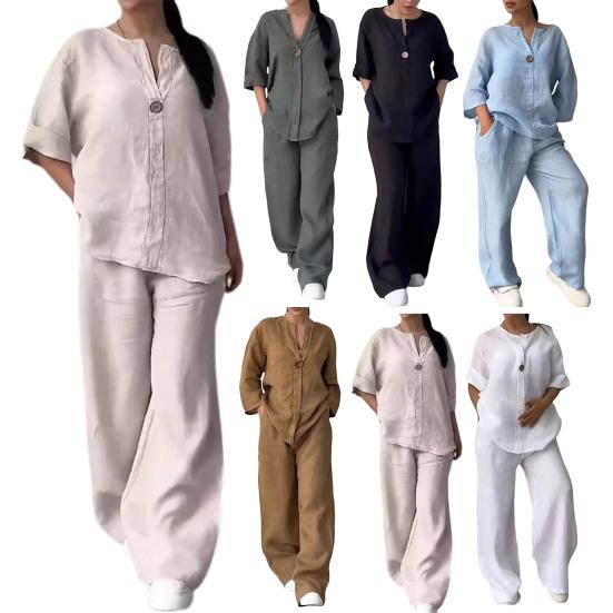 2 Pcs/Set Blouse Pants Set V Neck Long Sleeves Button Decor Top Wide Leg Loose Drawstring Elastic Waist Trousers OL Commute Casual Homewear Outfit