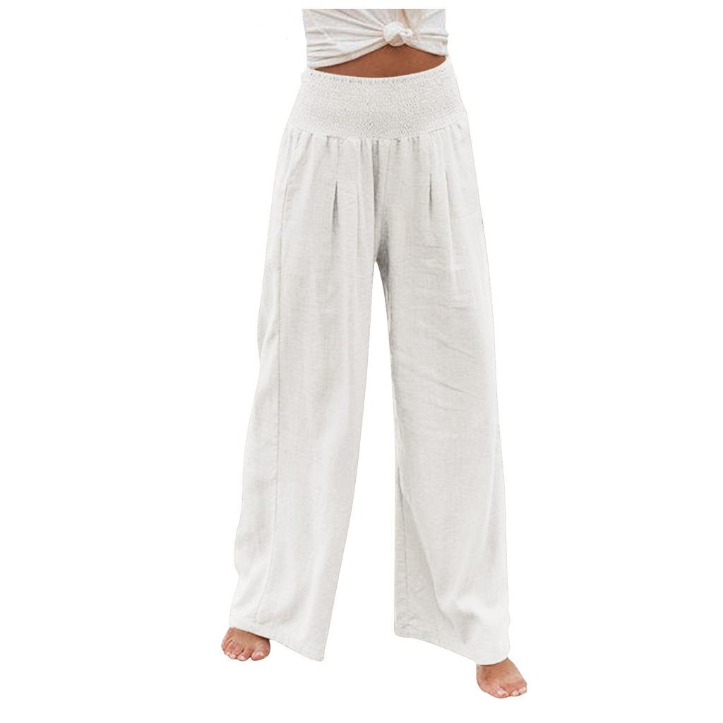 Women's Casual Loose High Waist Cotton Linen Wide Leg Long Pants With Pockets