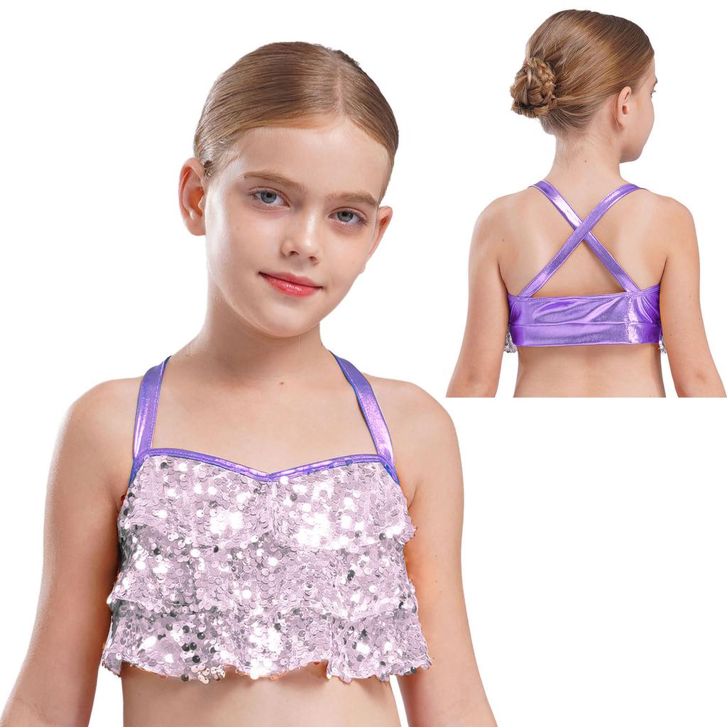 Girls Glittery Sequins Crop Top Tiered Ruffles Cross Back Metallic Camisole for Jazz Dance Performance