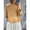 Women's V-Neck Embroidered Cotton Linen T-Shirt: Loose, Slimming, Solid Color, Five-Sleeve Summer Top