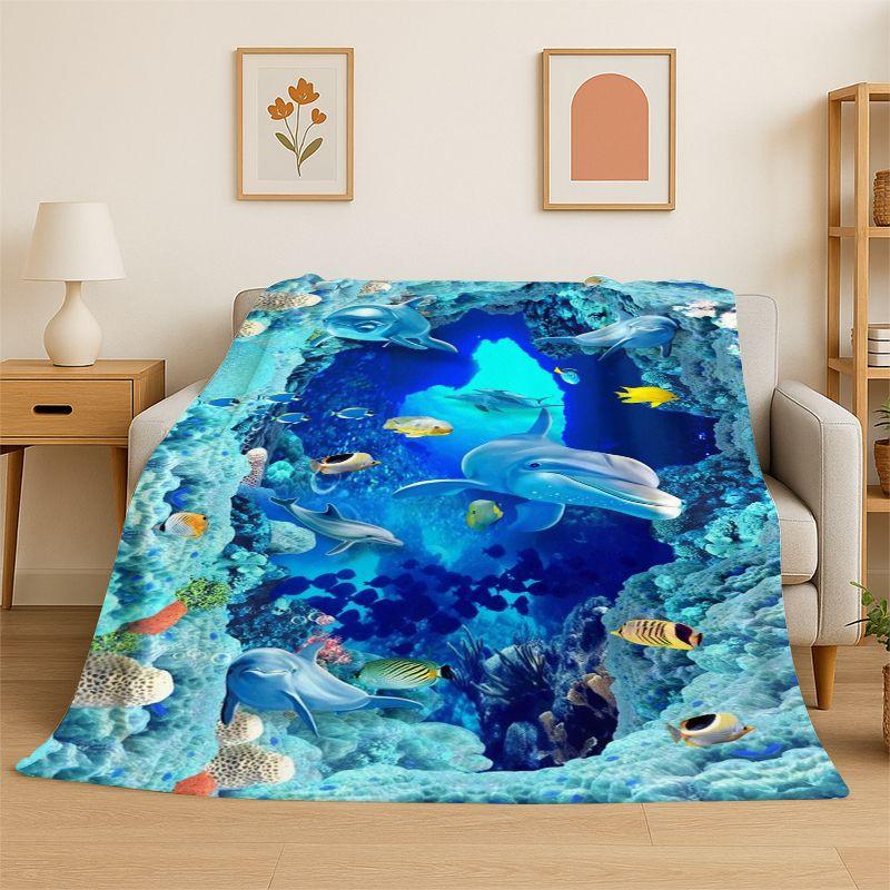 Seabed illusion 3D Underwater World Dolphin Cartoon Flannel Blanket Soft Throw Blanket for Bedroom Living Room Bed Travel Nap