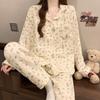 Rabbit Tulip Flower Print Sweet Cute Two Pieces Women's Pajamas Lapel Neck Button Design Pajamas Women French Sleepwear