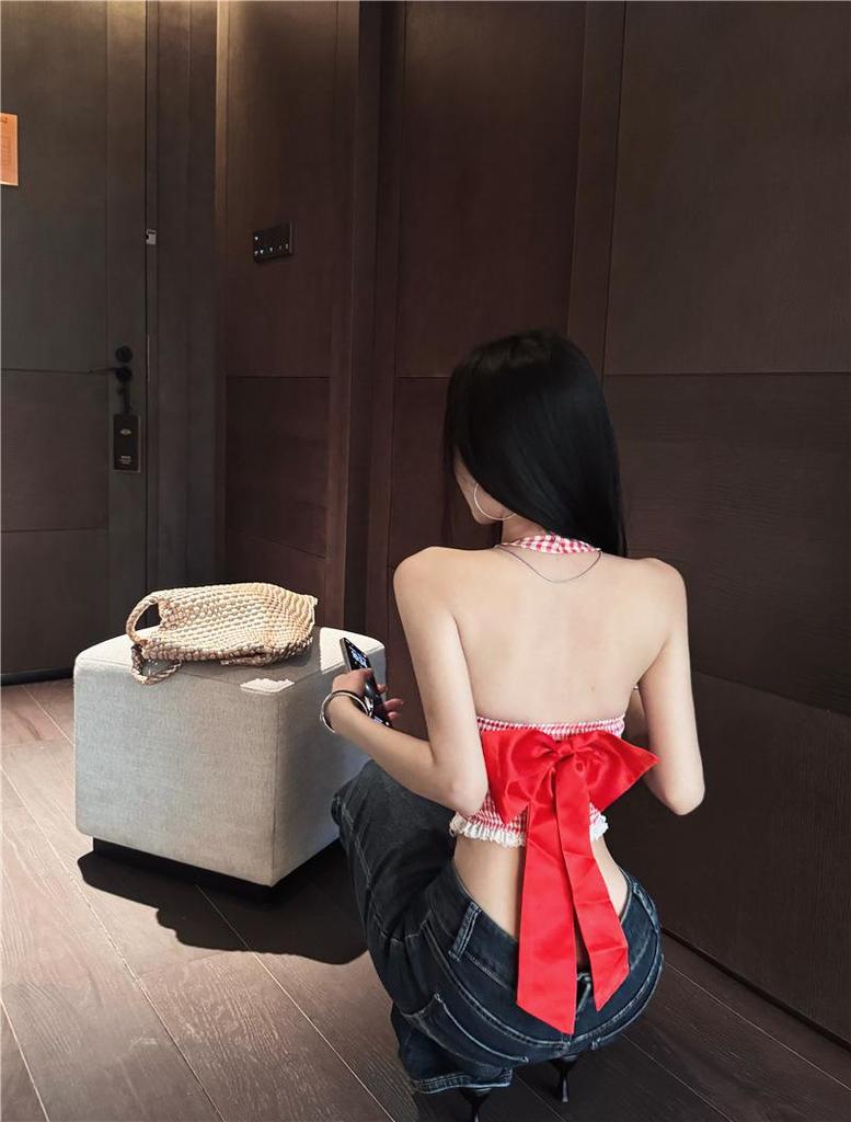 Чистый и Сексуальный Красный Клетчатый Кружевной Топ-Холтер - Женская Летняя Майка