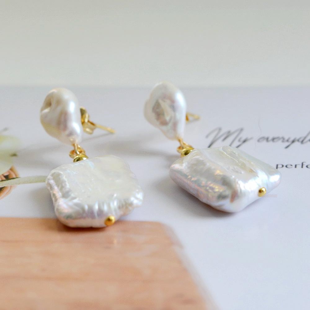 Серьги с жемчугом, белый натуральный пресноводный жемчуг, золотые, серебряные серьги, квадратные серьги в стиле барокко, богемные женские серьги