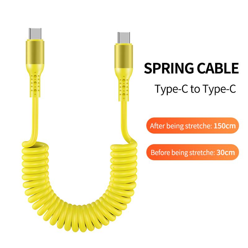 1.5M Coiled USB-C Type C 5A Fast Charging Data Cable 90 Right Angle Retractable Pure Copper Mobile Phone Cord for