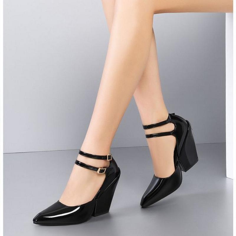 Модные FHC 2024 Весна Кожаные Клинья Высокие Каблуки, Женские Туфли-Лодочки, Сексуальные Неглубокие Туфли Мэри Джейн, 11 см, Ремешки с Пряжками на Щиколотке, Красные, Черные, Белые, Дропшиппинг