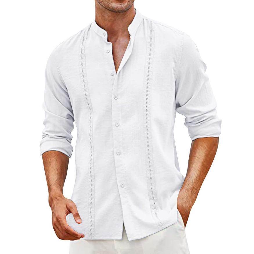 Cotton Linen Shirt Stand Up Collar Men's Shirt Casual Buttons Summer Beach Vacation Tops Grey Black White Khaki Shirts