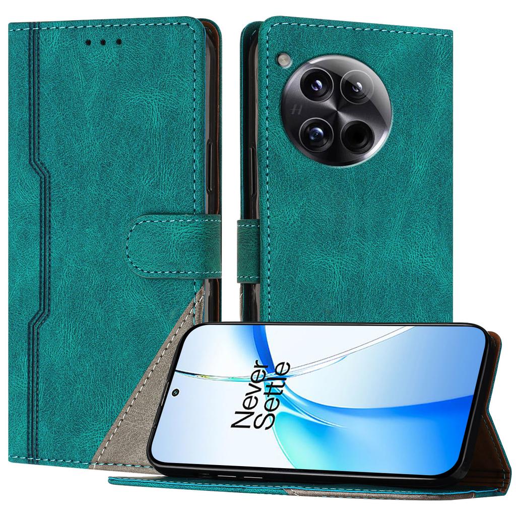For OnePlus 12 5G Leather Case Triangle Patchwork Wallet Stand Shockproof Phone Cover