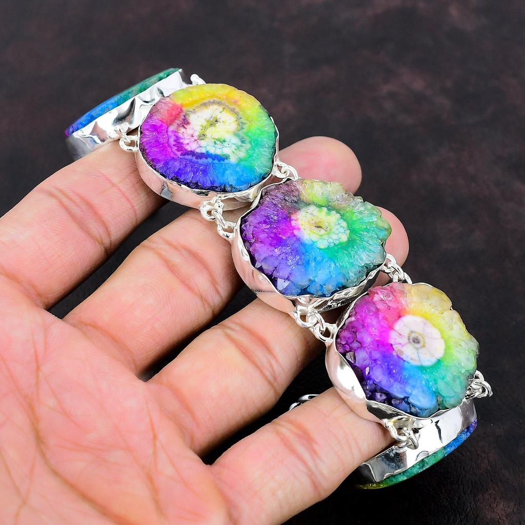 Радужный солнечный кварцевый браслет-друзи, ювелирные изделия ручной работы из драгоценных камней, браслет из стерлингового серебра 925 пробы, регулируемый браслет-цепочка, подарок на помолвку для нее