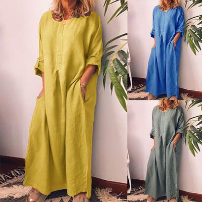 Женское винтажное однотонное платье макси с длинными рукавами и круглым вырезом, кафтан