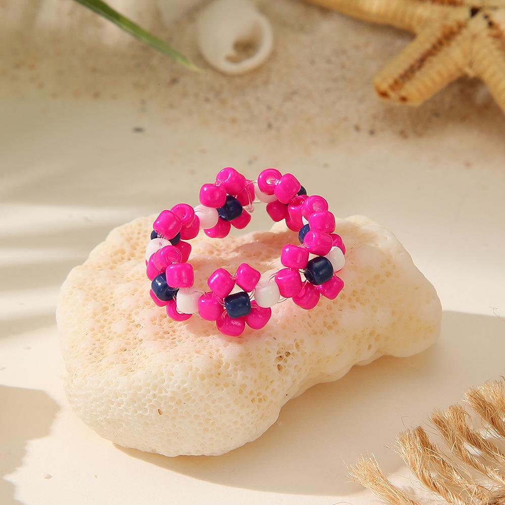 European and American dopamine colored millet bead ring set, flower ins fresh hand-woven small flower ring