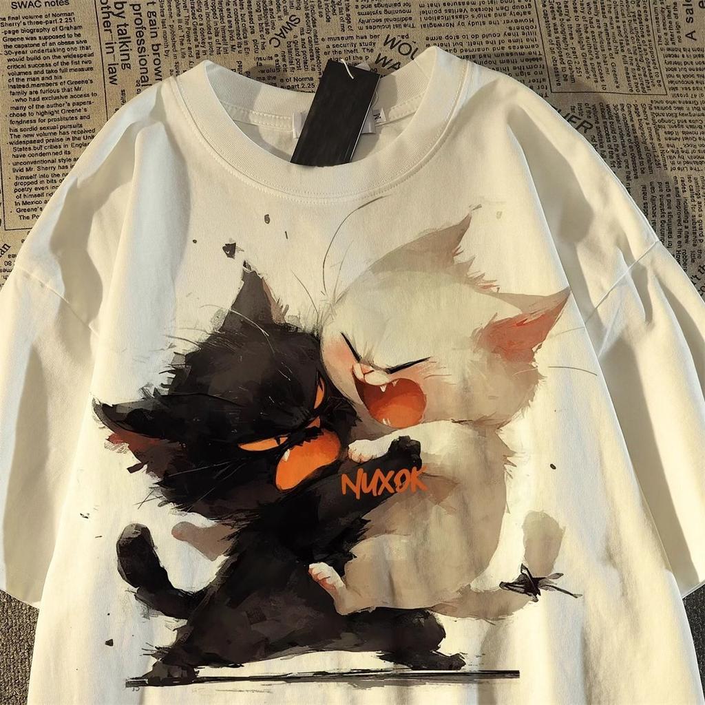 Футболка Harajuku Oversize, высокое качество, 200 г, 100% хлопок, футболка, летняя, 2025 г., забавная футболка с принтом мультяшного кота для женщин, одежда, топы Y2k, уличная одежда