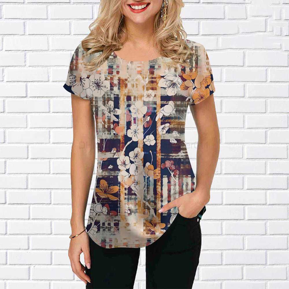 Summer Round Neck 3D Floral Patchwork Print T-shirts Fashionable Casual Short Sleeved Women's T-shirts