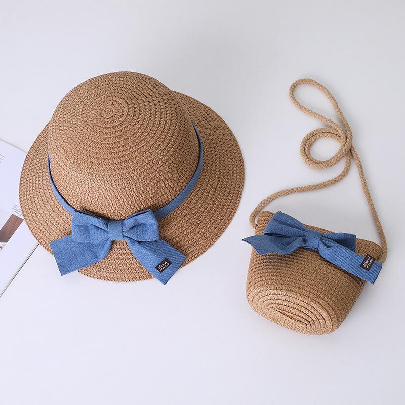 New Summer Baby Girls Straw Hat And Shoulder Bag 2pcs Set Parent-child Wide Brim Lace Holiday Beach Sun Hats Outdoor Bucket Cap