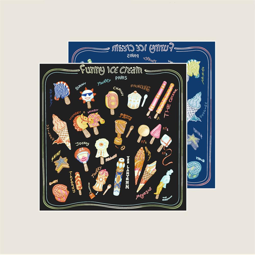 POBING Curled Twill Silk Scarf Women Funny ICE CREAM Double Side Printed Square Scarves Wraps Echarpes Foulards Femme Hijab 70CM