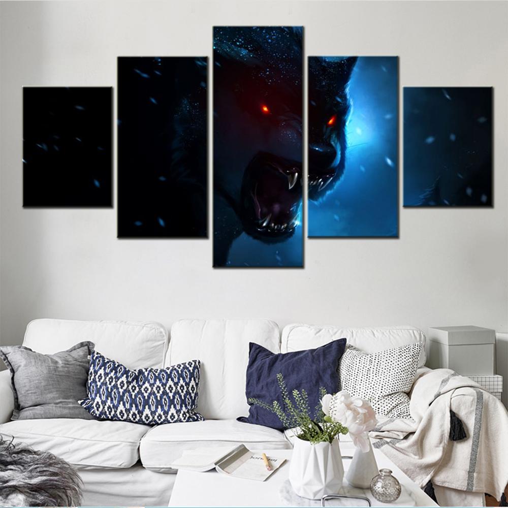 5 Pieces Canvas Decorative Wall Pictures Animals Black Wolf Wallpaper Home Decor Living Room Pster Painting And Print Artwork No Frame