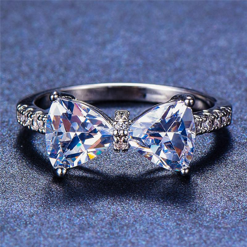 Female Cute Big Bowknot Zircon Stone Ring Color Love Engagement Rings For Women Purple Blue Red Rainbow Wedding Jewelry