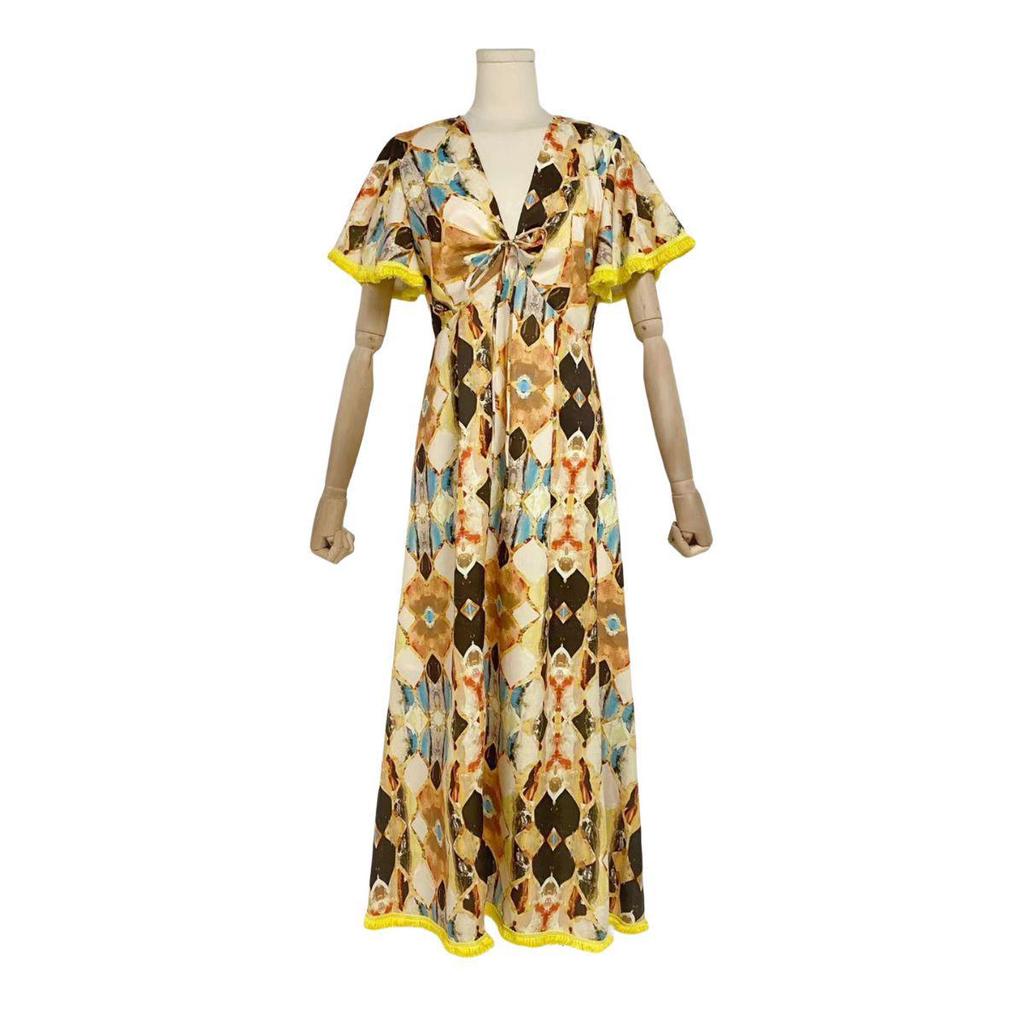 Женское длинное платье с V-образным вырезом, кисточками и открытой спиной, со шнуровкой на талии, осень 2023 г.