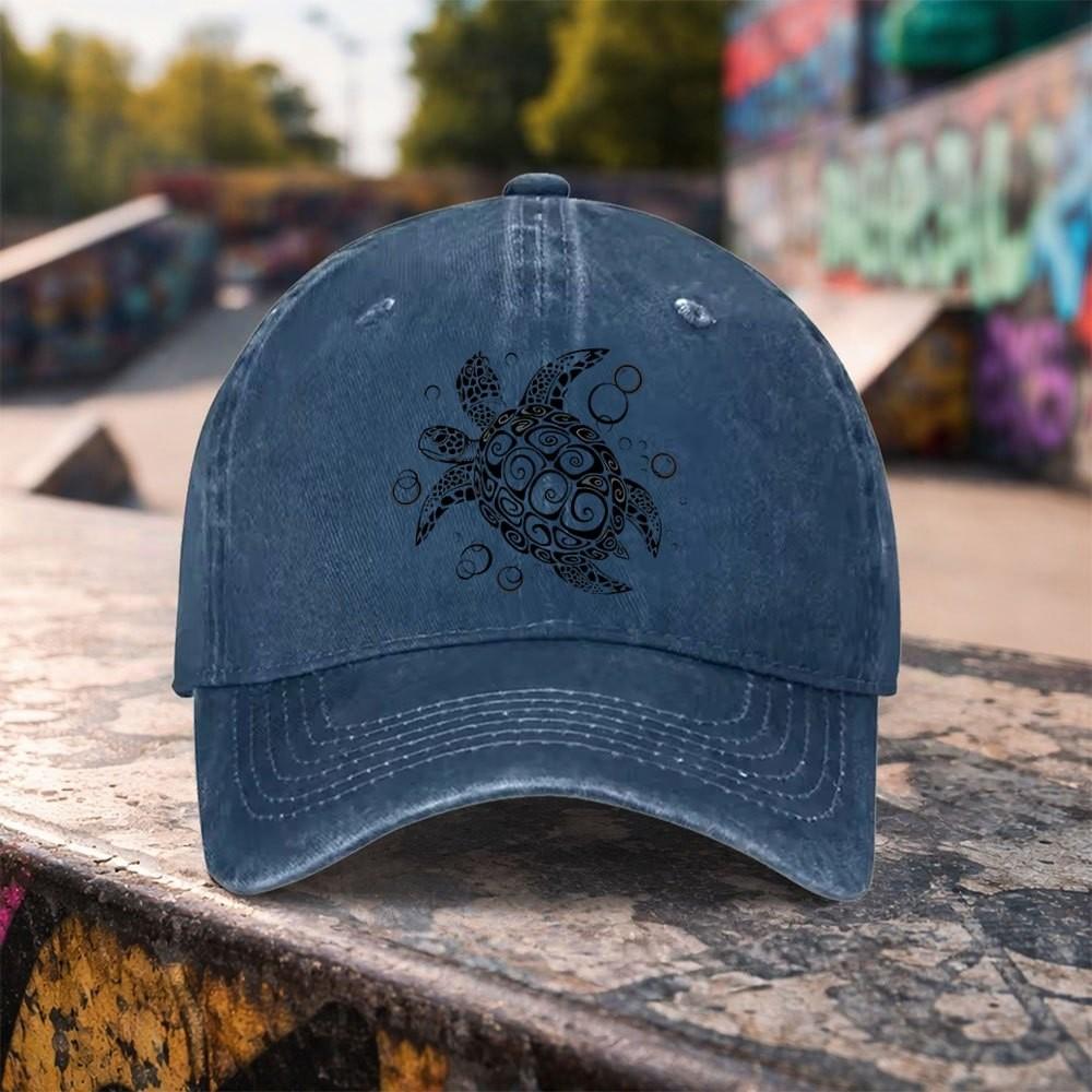 Tribal Turtle Print Washed Baseball Cap Adjustable Outdoor Accessory Unisex Cotton Duckbill Hat