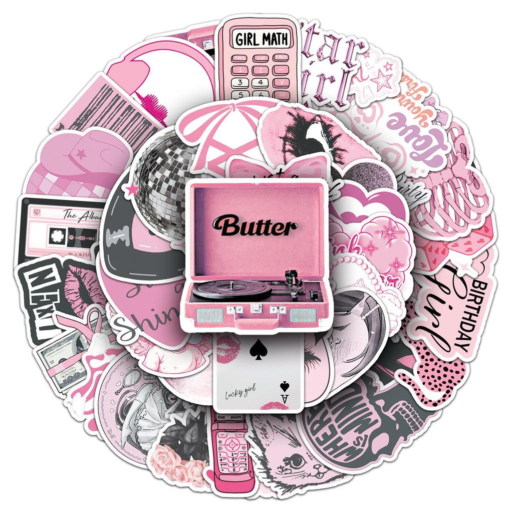 50 Cute Pink Minimalist Waterproof Stickers for Suitcases and Bicycles