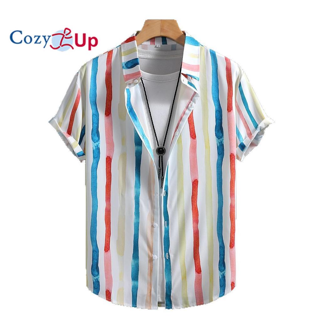 Повседневная мужская рубашка с коротким рукавом в полоску с акварельным принтом, мужская рубашка, лето 2025 г.