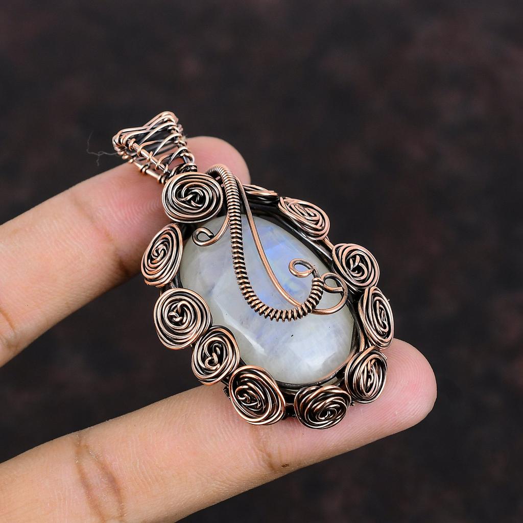 Подвеска Rainbow Moonstone, медная проволочная обертка, подвеска из драгоценного камня, ручная работа, медные украшения, подарок для мамы, изящная подвеска, проволочная обертка, ювелирные изделия