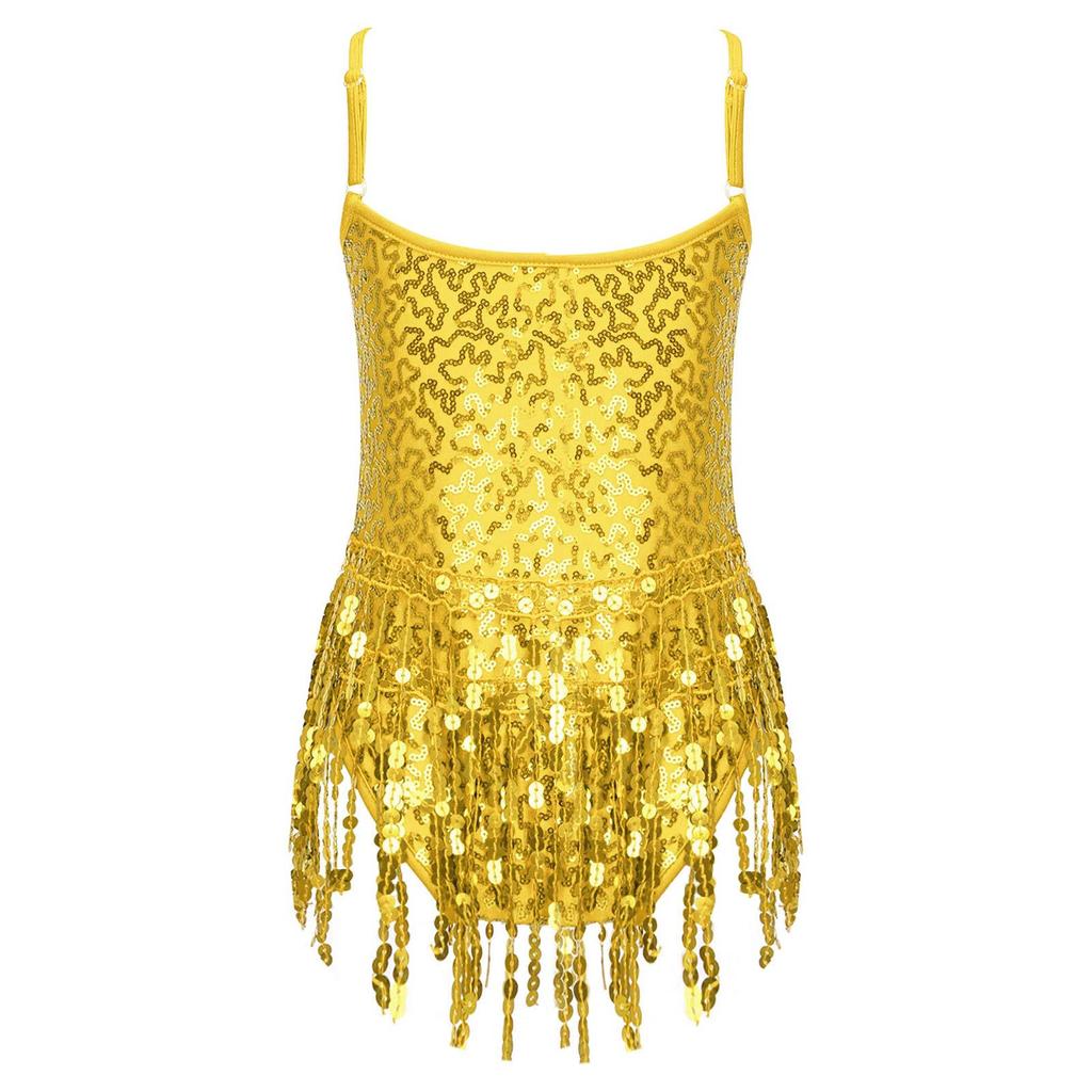 Kids Girls Latin Dance Dress Sleeveless Sparkly Sequins Tassel Fringe Dress Latin Jazz Salsa Tango Samba Rumba Dance Costume