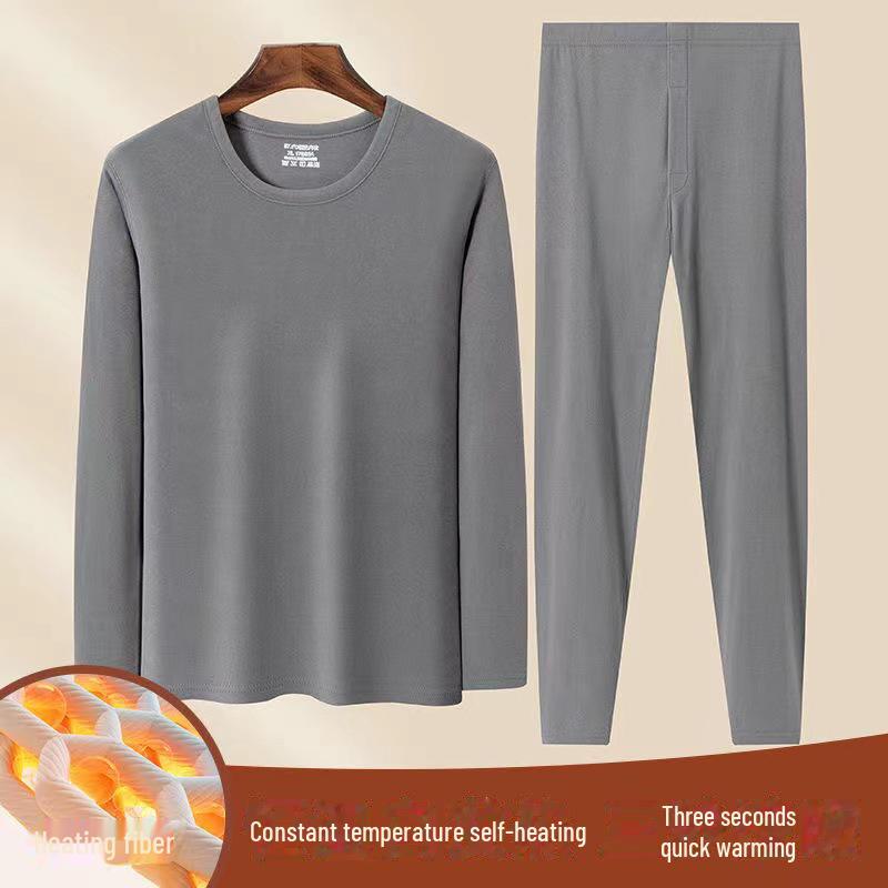 Мужское термобелье: Самосогревающийся костюм из утолщенного немецкого бархата с круглым вырезом для осени и зимы, идеально подходит для людей среднего и пожилого возраста.