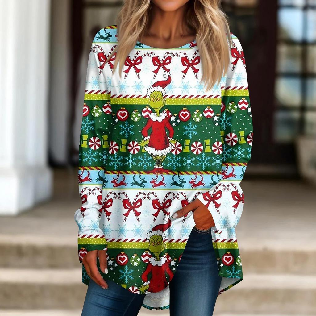 Женская рождественская принтовая рубашка с длинным рукавом, круглый вырез, пуловер, футболка, топ, пуловер