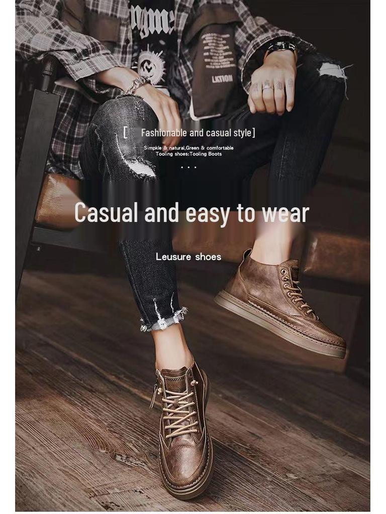 Мужские зимние высокие кожаные ботинки на плюшевой подкладке - Модные повседневные мартинсы для снега